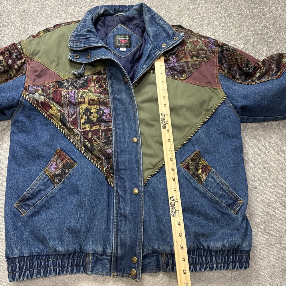 Vintage 80's 90's Women's Large Denim Bomber Jacket Patchwork Geometric Retro - Picture 4 of 9